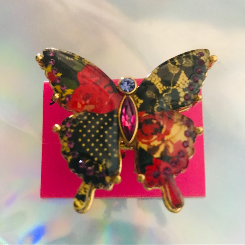 Patchwork Butterfly Gypsy Boho Ring Betsey Johnson Vintage Cocktail Statement